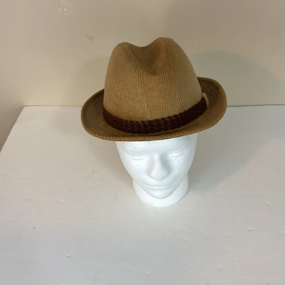 Vintage Tan Corduroy London Fog Feathered Fedora Size 7